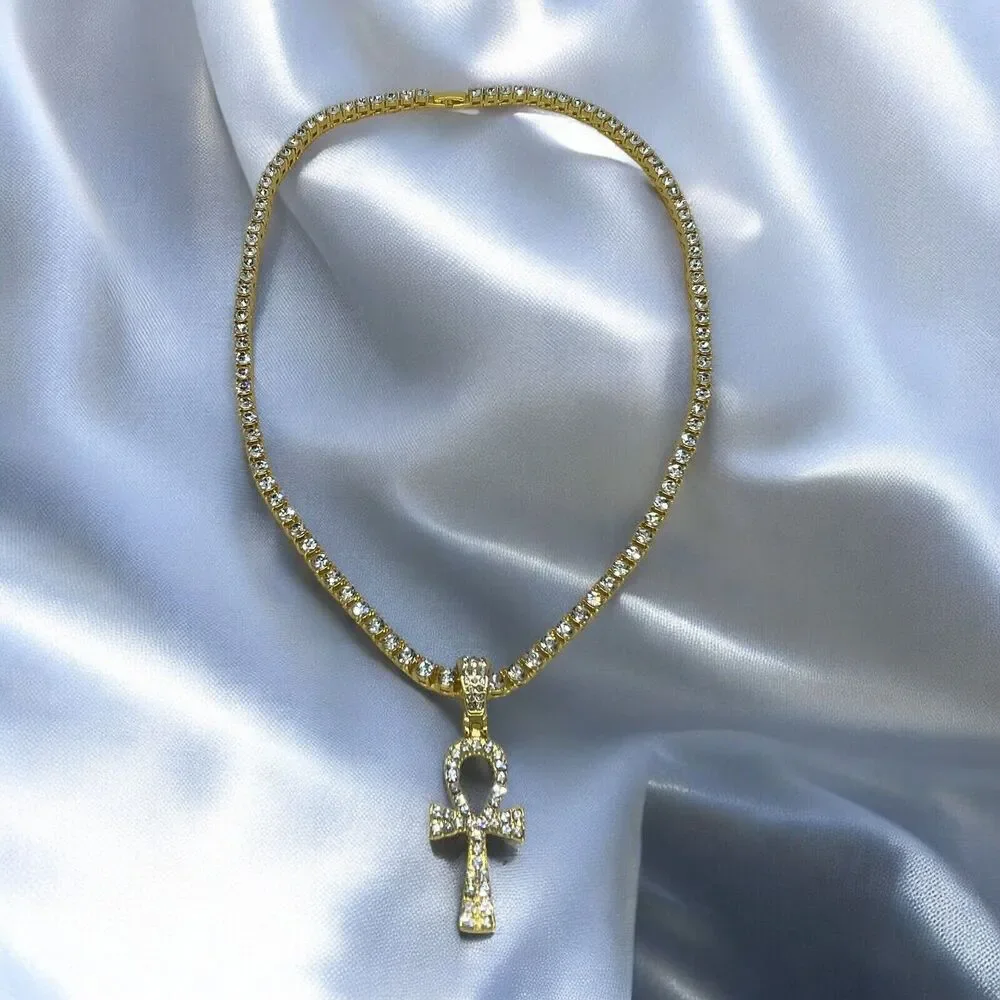 Gold Tone Ahnk Cross Tennis Pendant Necklace 23” Crystal Men's Faith Fashion NEW